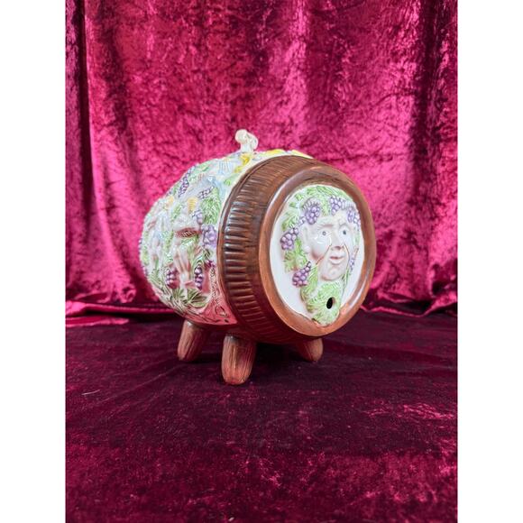 Vintage Pottery Mid Century Wine Barrel Keg Decanter Putti, Bacchus, Goat Relief - Picture 7 of 12